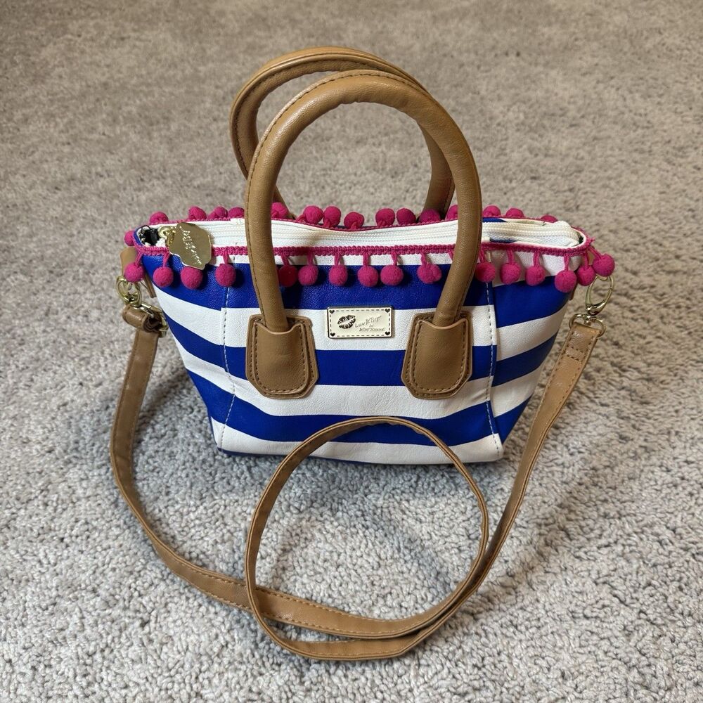 Luv Betsey Johnson Nautical Mini Tote Bag Purse Blue White Stripes Pink Pom 7x10